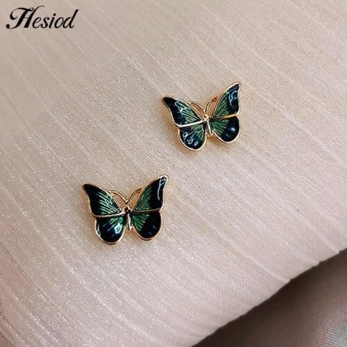 Hesiod Sweet Green Enamel Butterfly Insect Stud Earrings Delicate Gold Color Small Earring For Women Bridal Jewelry Gift Brincos