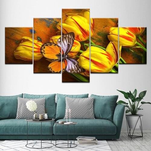 Canvas Wall Art Pictures Home Decor 5 Pieces Yellow Tulips And Butterfly Paintings HD Printed Flowers Poster Modular Framework