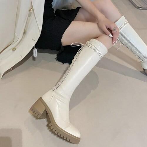 Fashion Square Toe Back Lace-up Motorcycle Boots Spring Autumn Women Boots Chunky Heel Knee High Boots Winter Woman Shoes 2021