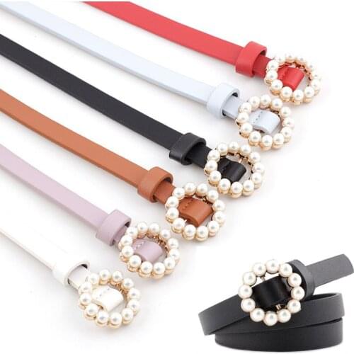 Fashion Pearl Decorative Belt Ladies Belt Round Pin Buckle Pearl Belts Womens Casual Solid PU Leather Thin Belt Strap Bands
