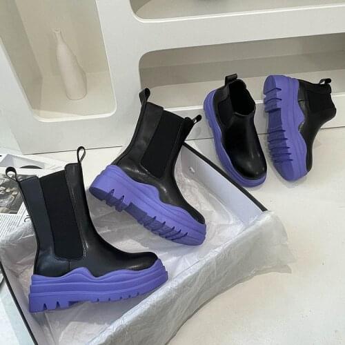 Fashion Lemon Green Platform Women Short Boots Slim Thick Sole Leather Chelsea Boots New Mixed Color Height Increase Botas