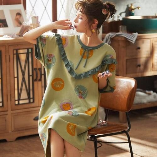 Nightdress Summer Short Sleeve Cotton Thin Section Sweet Lovely Female Loose Cotton Tracksuit NW30