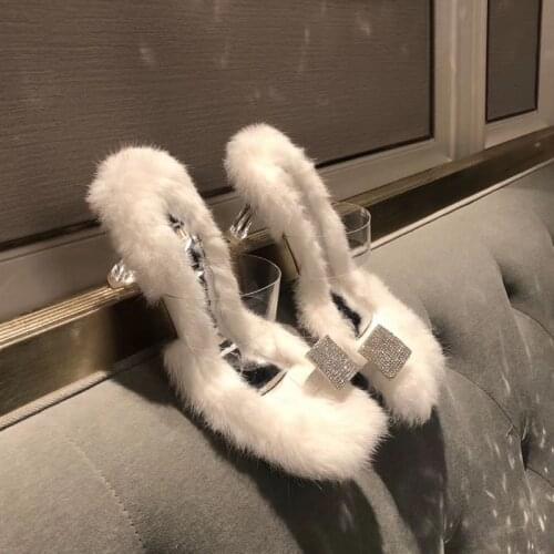 New Fashion Womens Summer Sandals Slippers Rhinestone Fur Slippers Transparent Glue High-Heeled Sandals With Clipped Rabbit Fur