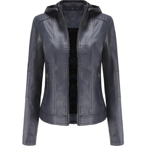 Autumn and winter womens fashion polyester detachable hooded leather jacket plus fleece warm jacket