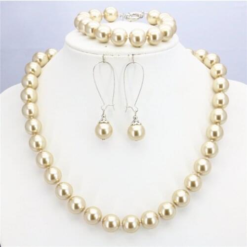 Hot Sale 12mm Christmas Gifts Women Girls Light Gold Round Shell Pearl Beads Necklace Bracelet Earring Set Jewelry Making Design