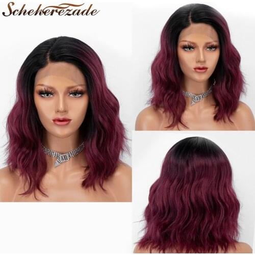 Scheherezade Bob Natural Wavy Ombre 99j Burgundy Wig Synthetic Lace Front Wigs For Women Heat Resistant Fibet Daily Mixed Color