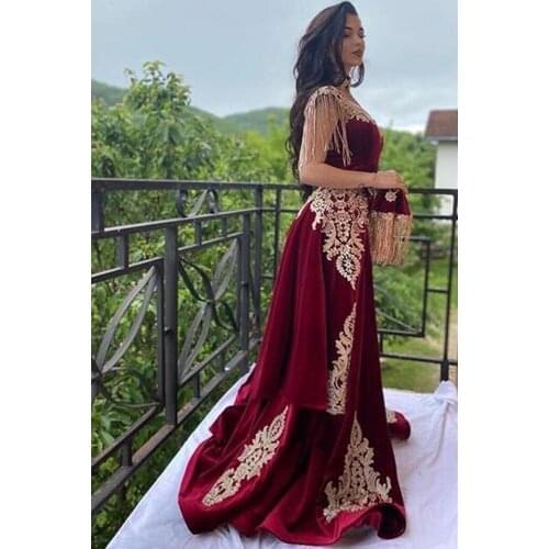 Sevintage Arabic Mermaid Velvet Evening Dress 4 Pieces Overskirt Split Applique Lace Prom Gowns High Neck Tassel Algerian Outfit