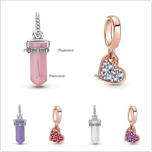 Authentic 925 Sterling Silver Royal Purple Pave Tilted Heart Dangle Charm Beads Fit Pandora Bracelet & Necklace Jewelry