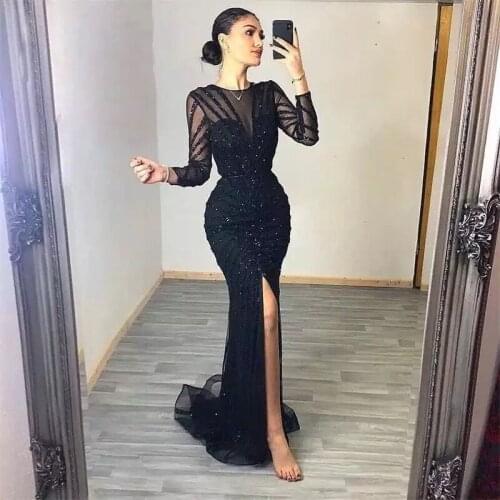 Luxury Silver Long Sleeve Arabic Evening Gowns for Women Party Formal Dresses Black Bead Front Split Dubai Graduation Prom Dress