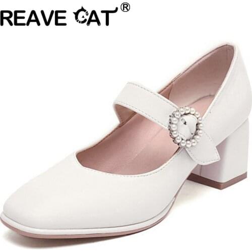 REAVE CAT New 2021 Women Pumps Square Toe 5.5cm Block Heels Buckle Patchwork Elegent Pearl Stylish Big Size 34-48 Casual A3794