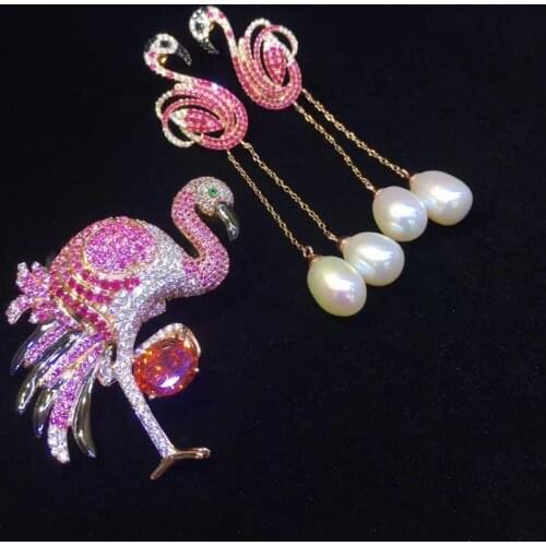 Flamingo pendant and earring jewelry set 925 sterling silver with cubic zircon and fresh water pearl fine women jewelry