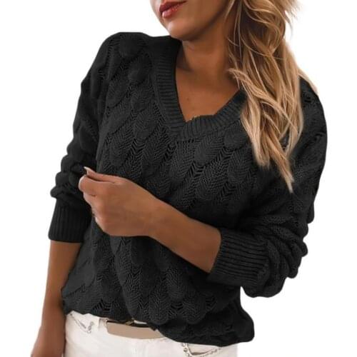 V-neck Pullover Feather Pattern Loose Women Clothes Cotton Long Sleeve Sweater for Date