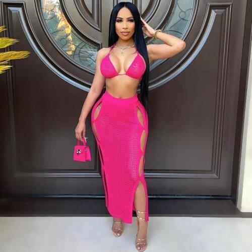 Knitted Sexy 2021 Fashion Two Piece Set Halter Bikini Top+Mid Skirt Hollow Matching Stretchy Vacation Party Clubwear