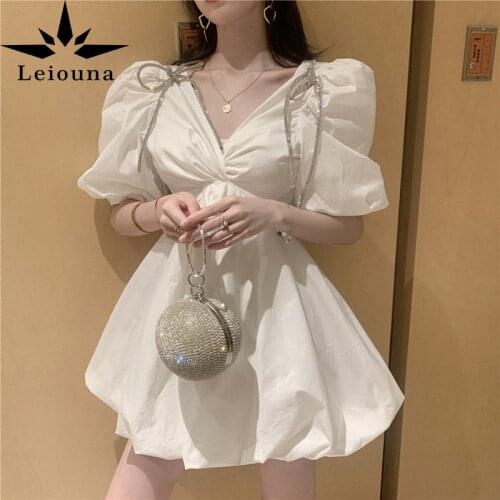 Leiouna Office Lady A-Line 2021 New Fashion Watch Sexy V-neck Bubble Sleeve High Waist Slim Dress Skirt Womens Summer Dress