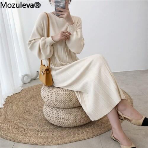 Mozuleva 2020 Autumn Lantern Sleeve Knit Woman Dress Casual Computer Knitted O-Neck Lantern Sleeve Womens Sweaters Dress