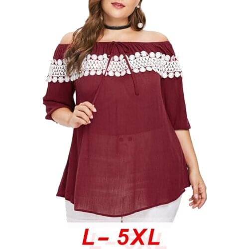 2020 Summer Slash Neck Half Sleeve Lace Chiffon Shirt,Plus Size Clothing for Women Fashion Casual Stitching Garment