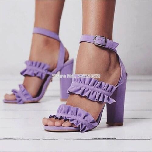 ALMUDENA New Elegant Women Ruffles Strap Sandals Purple Yellow Khaki Suede Chunky Heel Buckle Strap Falbala Dress Shoes Dropship