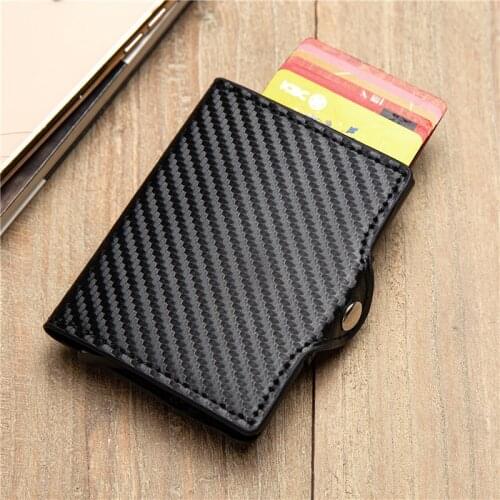 BISI GORO Carbon Black Cover Button Smart Wallet Coin Safety RFID Fashion New PU Aluminum Anti-theft Credit Card Holder Purse