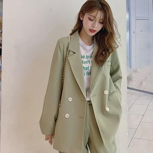 Casual Pant Female Suits High Quality Korea Fashion Light Green Women Suits Double Breasted Blazer Jacket & Pencil Pant