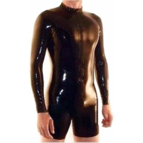 Black Men Rubber Latex Catsuit Fetish Long Sleeves but Short Legs Bodysuit Tights Costumes BNLCM002