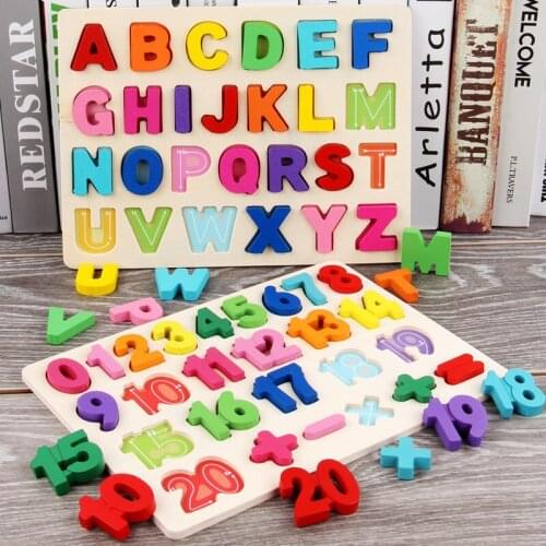 Kids 3D Puzzles Montessori Toys Wooden Puzzles Hand Grab Boards Toys Tangram Jigsaw Puzzle Alphabet Number Matching Game