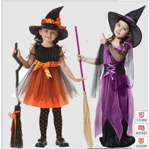 Kids Halloween Cosplay Witch Short Sleeve Dresses Girl Party Gown Dress Hat Pumpkin Bag Pantyhose Clothing with Polka Dot Ribbon