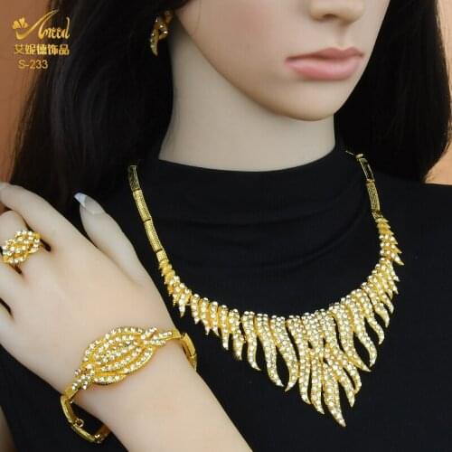 Dubai Gold Plated Nigerian African Jewelry Sets Woman Luxury Wedding Crystal Diamond Necklace Earrings Bracelet Rings Jewellery