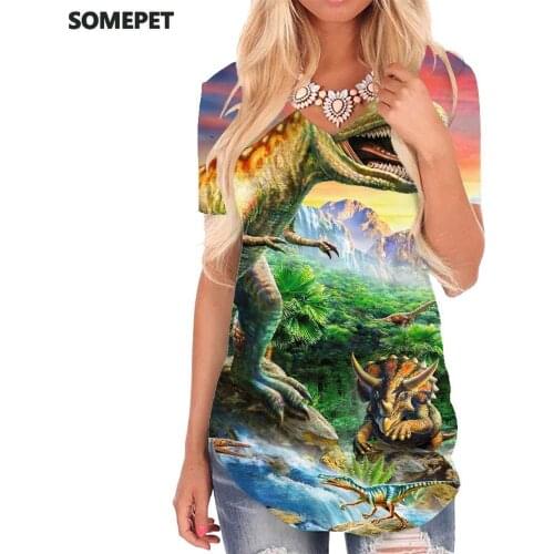 SOMEPET Dinosaur T Shirt Women Animal Shirt Print Forest V-neck Tshirt Moon Funny T shirts Womens Clothing Summer Loose Style