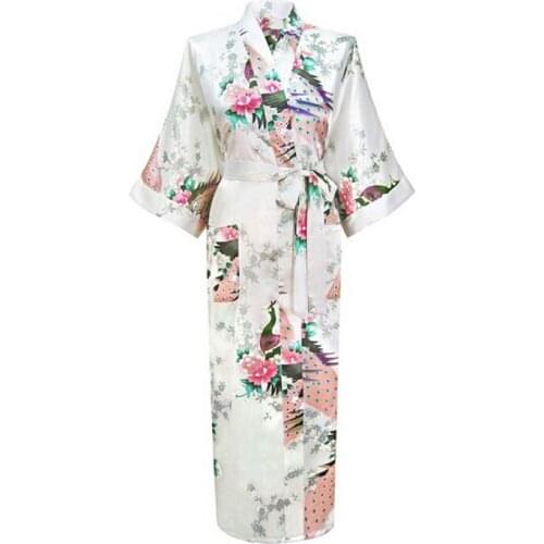 White Chinese Female Sexy V-neck Robes Rayon Silk Sleepwear Long Printed Nightgown Wedding Bride Robe Plus Size S To XXXLD124-07