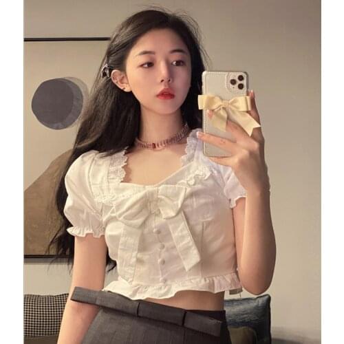 Sweet hot girl bowknot white shirt female design sense niche shirt 2021 new summer high waist short top