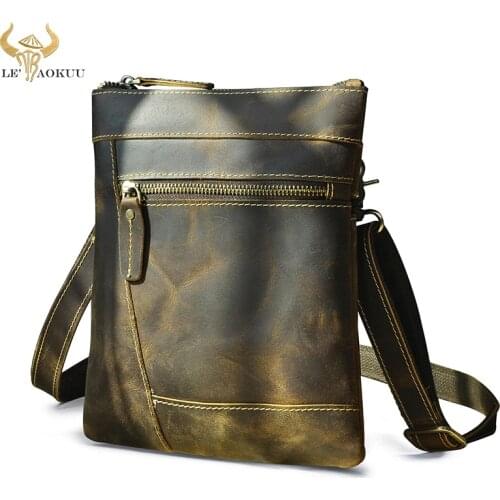 Thick Crazy Horse Leather Male Fashion School Messenger bag Design Satchel Book Cross-body Shoulder bag 9" Tablet Case Men 7001