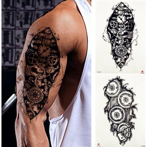 Fake Robotic Arm Mechanical Temporary Tattoo Sticker Body Art Mens Fashion Waterproof Tattoos Black Gear Gap Tatoo Sleeve