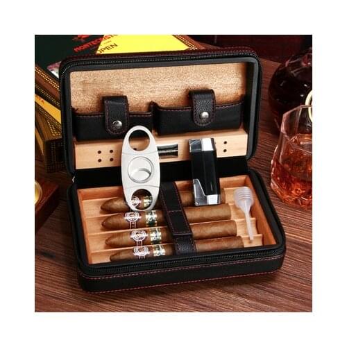 Portable travel Cedar wood cigar box Humidor box four fitted cigar lighter cigar scissors set room decorative