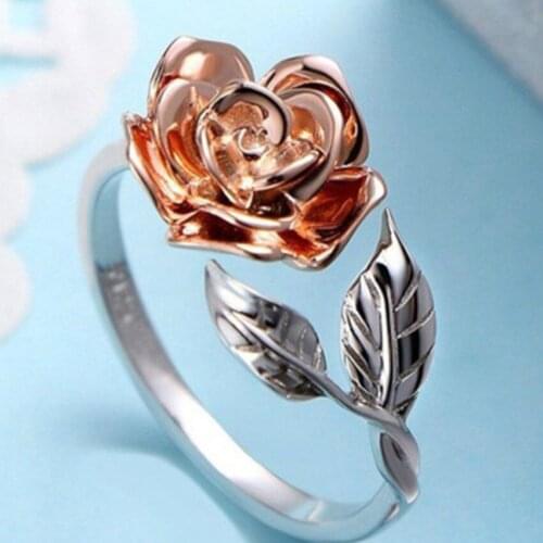 Silver Plated Alloy Leaf Golden Flower Open Finger Ring for Elegant Women Anniversary Gift Jewelry