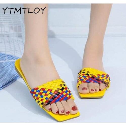 New Fashion Weave Slippers Women Square Toe Flat Casual Shoes Women Slide 2021 Summer Flip Flops Beach Sandal Slipper Big Size
