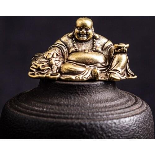 Antique Copper Buddha Maitreya Statue Big Belly Laughing Buddha Figurines Miniature Desktop Ornament Crafts For Home Decorations