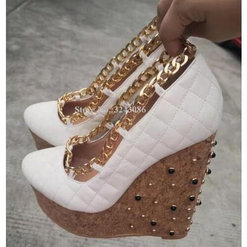 New Design Gold Chains White Leather Platform Wedge Shoes Women Elegant Jewelry Decor Rivets Pumps Lady Fashion Single Shoes