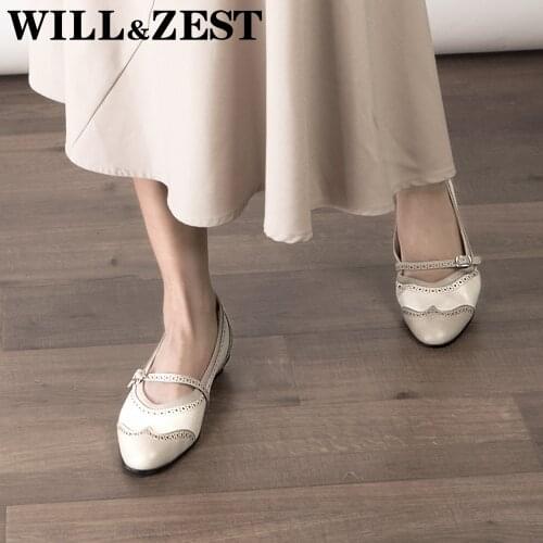WILL&ZEST Slip on Nursing Mary Jane Shoes for Women Flat Female Leather Vintage Oxford White Womens Loafers Comfort Ballet Flats