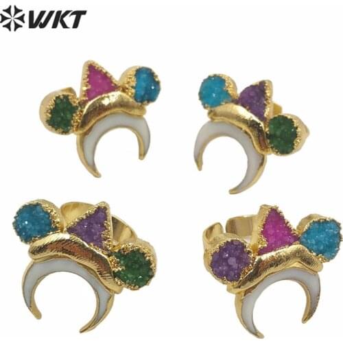 MPR004 Natural Stone Party Ring Druzy Stone And White Shell Crescent Horn Rings US7 Ring Size Ajustable Women Rings