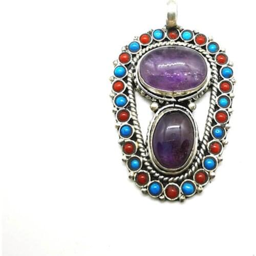 Vintage Flower Pendant Copper Inlaid Natural Crystal Amethystine Nepal Handmade Jewelry TBP352