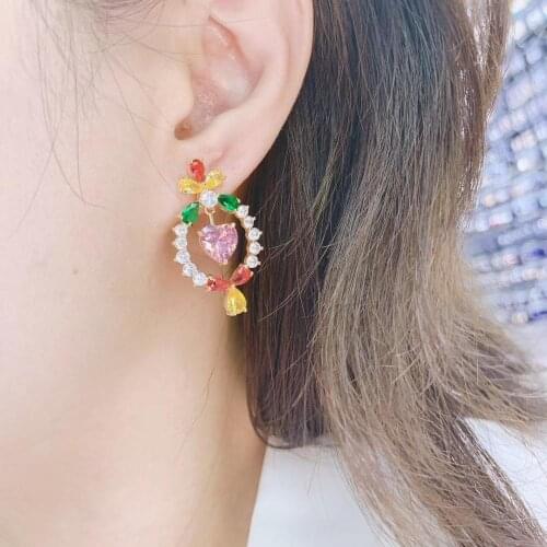 YANMEI CZ Geometric Stud Earrings For Women Half Circle Crystal The Wheel Earring Luxurious Pendientes Accessories YME9311