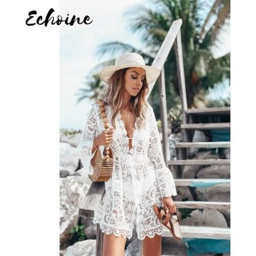 Echoine White Sexy Women Summer Dress 2019 Hollow out Embroidery Mini Lace Dresses Evening Party Short Ladies Beach Vestidos