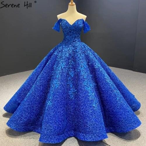 Royal Blue Off Shoulder Plus Size Wedding Dresses Handmade Flowers Lace Up Bride Gowns 2020 Serene Hill BHM66601 Couture Dress