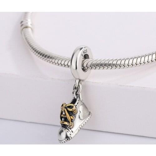 925 Sterling Silver Shoes Golden Laces Tied Bow Pendant Charms Bracelet Fashion Jewelry DIY Making Original For Pandora