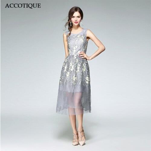 2017 New Womens Summer Sleeveless Flower Print Grey Ball Gown Female Fashion Mesh Embroidery Elegant Knee Length Dresses