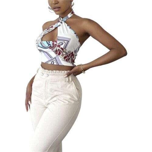 2021 Fashion Trend Womens Tank Tops Bandage Vest Neck Hanging Summer Slimming Hollow Cropped Camisole with Floral Print