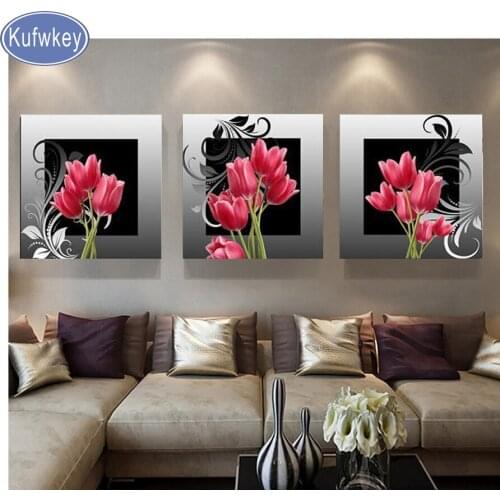 Diamond embroidery Watercolor"rose"Flower diamond painting 3 pcs puzzle mosaic square Rhinestones of picture,home decoration