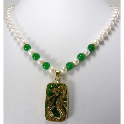 Free shipping fine green & mixed white pearl necklace +lucky dragon pendant 8mm