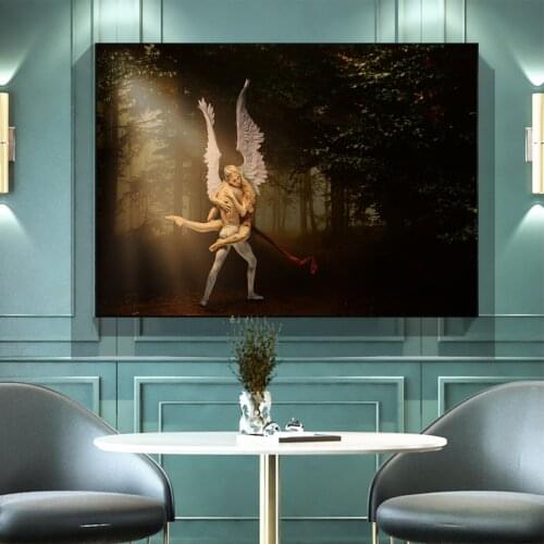 Angel and Mortal Forest Hug Wings Oil Painting Picture Poster Canvas Print Painting Wall Art Living Room Home Decoration