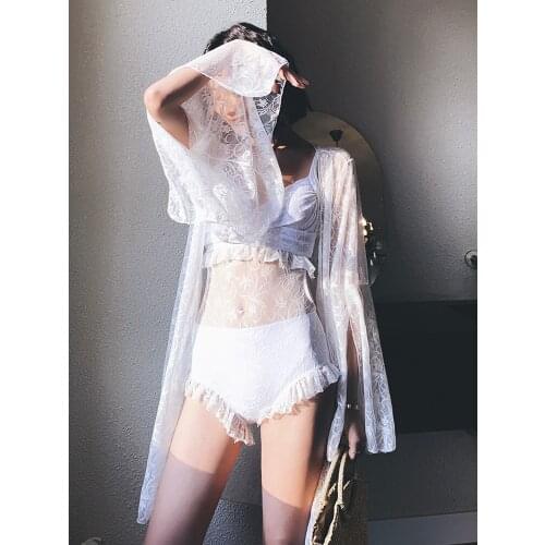 Korean Japan Women Swimwear One-piece Transparent Lace Swimsuit Fused Teenage Smocked Long Sleeve Mesh Bathing Suit Beachwear